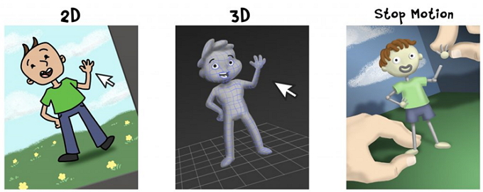 an image showing the same character in a 2D, 3D, and stop motion frame